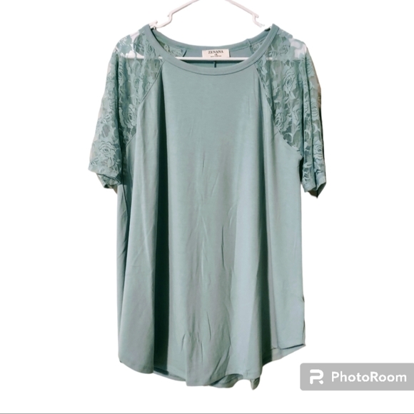 Zenana Plus Size Round Hem Lace Sleeve Top Light Sage 1X - Picture 2 of 7
